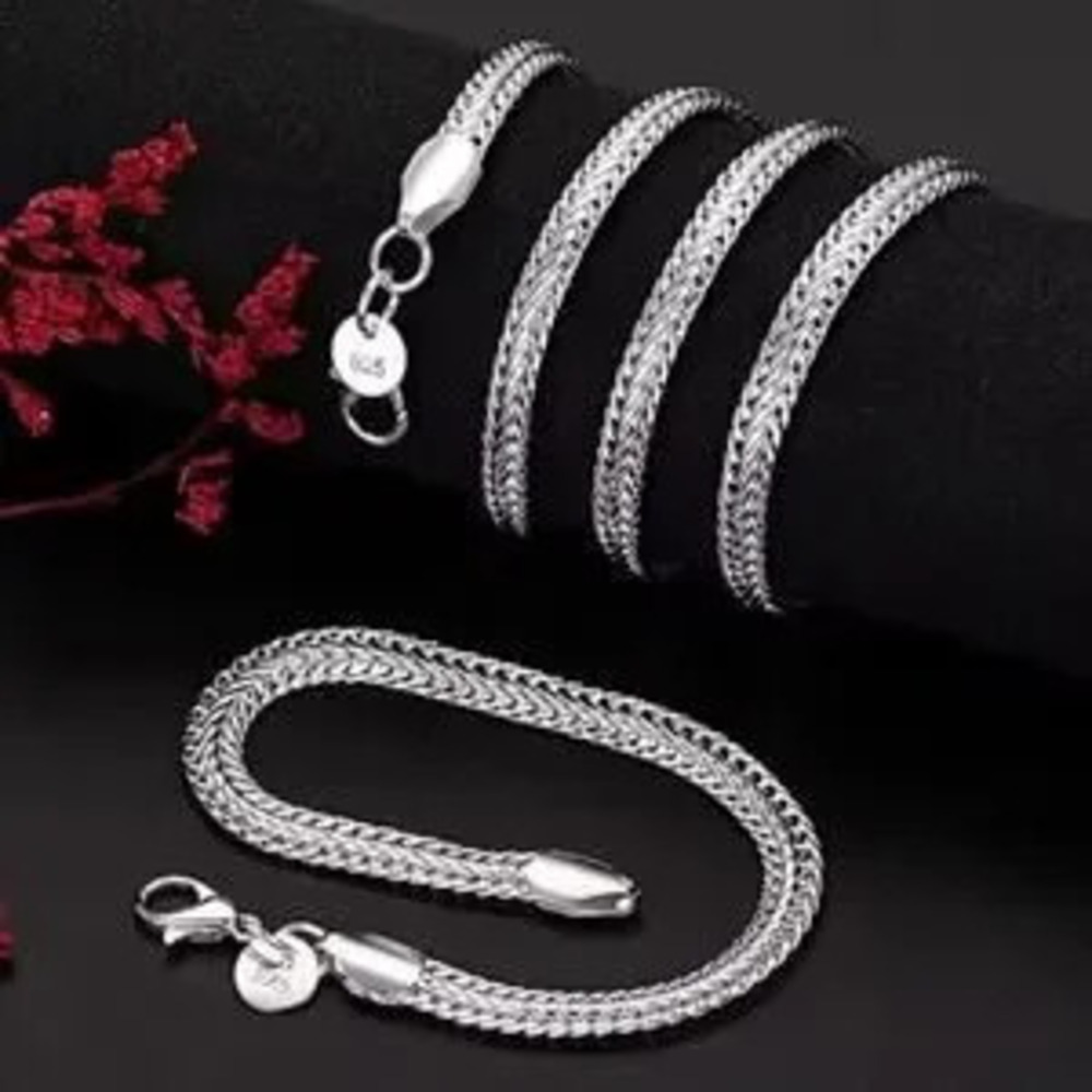 925 Silver Plated Necklace & Bracelet Set 6mm Braided Chain Valentine's Gift